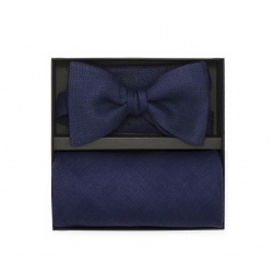Набор синие галстук-бабочка и нагрудный платок изо льна 