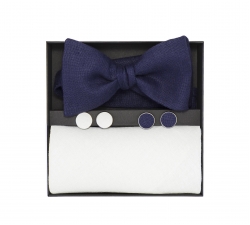    Подарочный набор синяя галстук-бабочка и нагрудный белый платок изо льна 