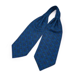  Шейный мужской платок Аскот ярко-синий с узором в клетку из натурального шелка 